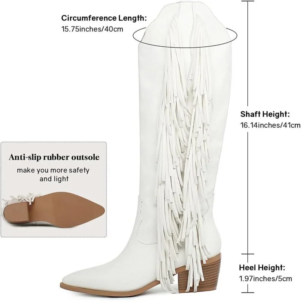 Women White Synthetic Fringe Tassels Pointed Toe Knee High Western Cowgirl Boots